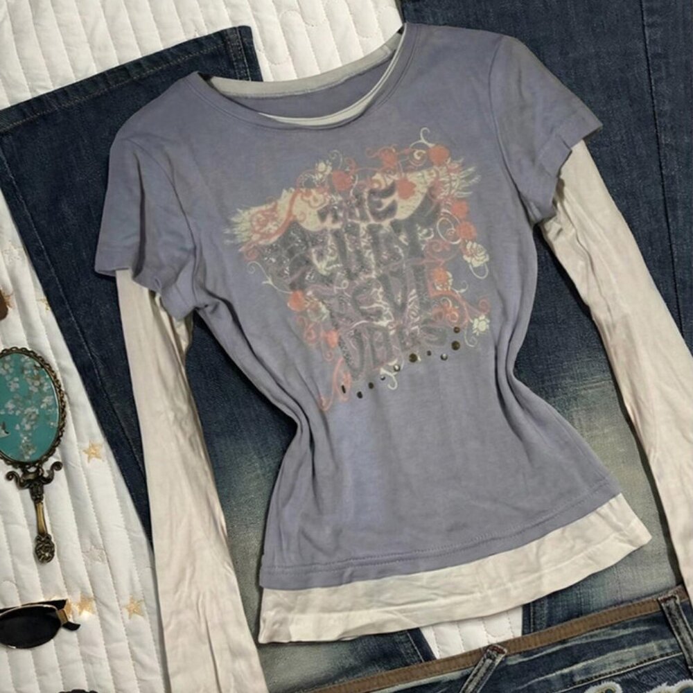 Original Blue Patchwork Crew Neck Fake Two-Piece … - image 1